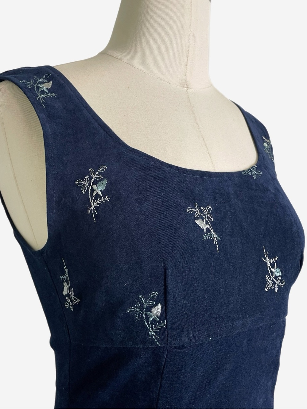 Vintage 90s 579 Blue faux suede floral embroidery mini dress fall whimsigoth XS - Picture 3 of 9
